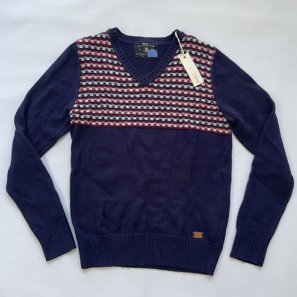 Diesel Men’s Serry Sweater V-Neck In Navy Wool Integrated Size L